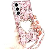 Changjia for Samsung Galaxy Z Fold 7 Glitter Bling Case,Cute 3D Sparkle Heart Makeup Mirror Crystal Rhinestones Flowers Diamond Gems with Lanyard Wrist Strap Women Girls Case for Galaxy Z Fold 7, Pink