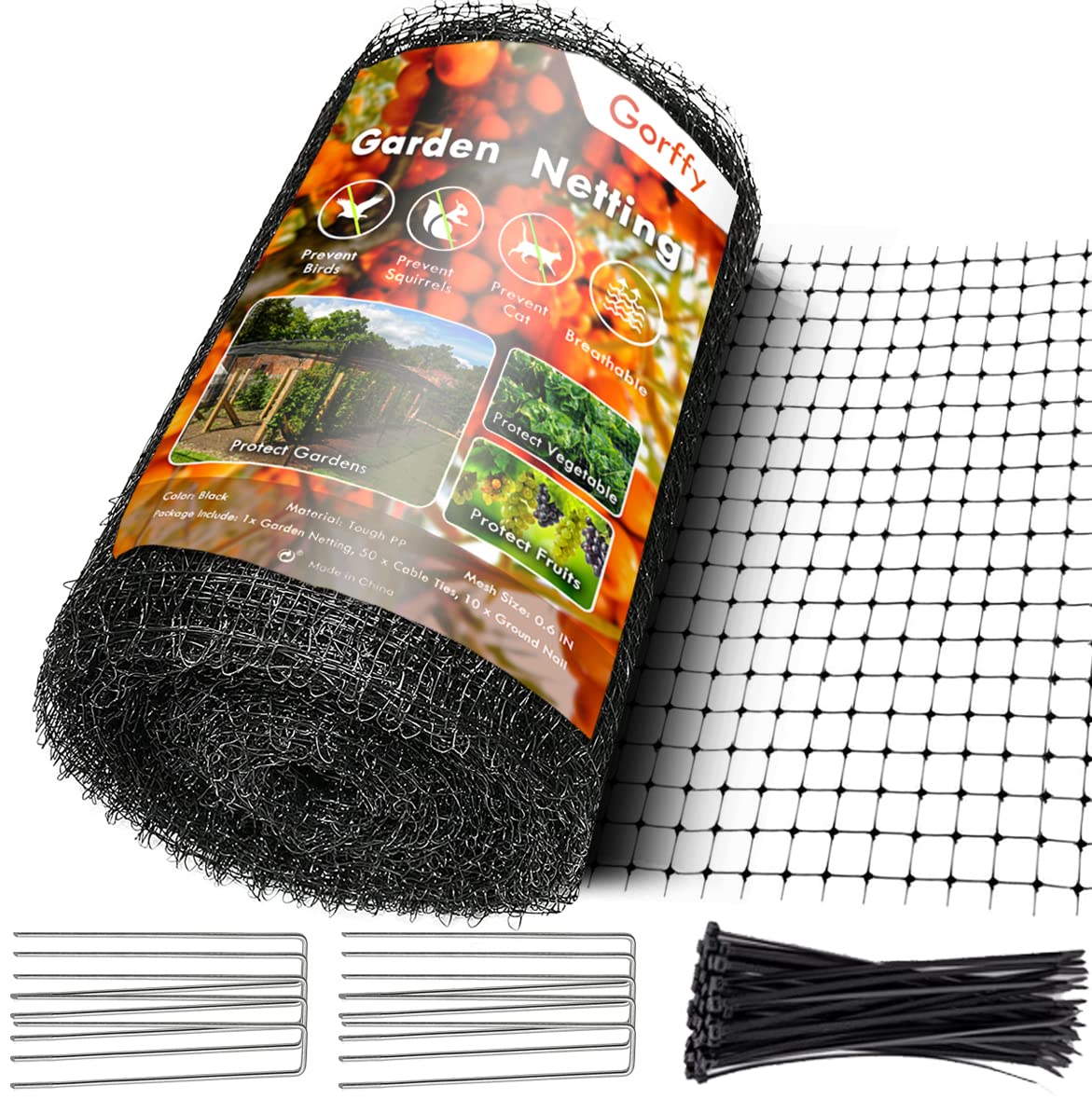 Gorffy Garden Netting, 2.1m x 20m Bird Netting for Garden, Protects Vegetables, Plants & Fruits, Includes 50 Cable Ties & 10 Ground Pegs