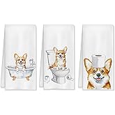 HUGANE Funny Corgi Bathroom Hand Towels Set of 3, Corgi Decor Hand Towels for Bathroom, Corgi Gifts for Corgi Lovers Kids, Corgi Mom Gifts, Kids Bathroom Decor, Dog Bathroom Decor, 16x24 Inch