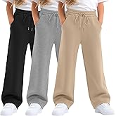 Oakgarden 3 Pack Girls' Sweatpants Wide Leg Drawstring Athletic Pants Kids Elastic Waist Baggy Casual Joggers with Pockets