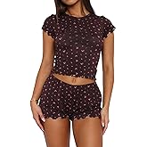 Lacozy Cute Pajamas for Women Set 2 Piece Short Sleeve Pjs Floral Graphic Crop Top Y2K Summer Sleepwear Lounge Set