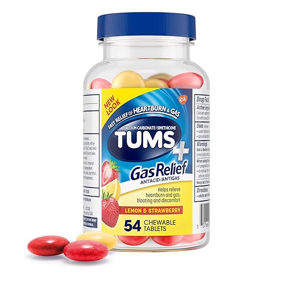 TUMS CHEWY BITES CHEWABLE ANTACID TABLETS WITH GAS RELIEF, LEMON & STRAWBERRY – 54 COUNT