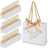 50Pack Small Thank You Bag with Handles, Party Favor Bag 5.5x2.3x4.7 Inches Small White Gift Bags with Handles, Mini Paper Candy Bags with Gold Ribbon for Wedding Baby Shower Birthday