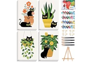 4 Pack Paint by Numbers Adult Kit with Frame Black Cat, Adult Paint by Number Kits Framed with Wooden Easel, Plant Beginner F