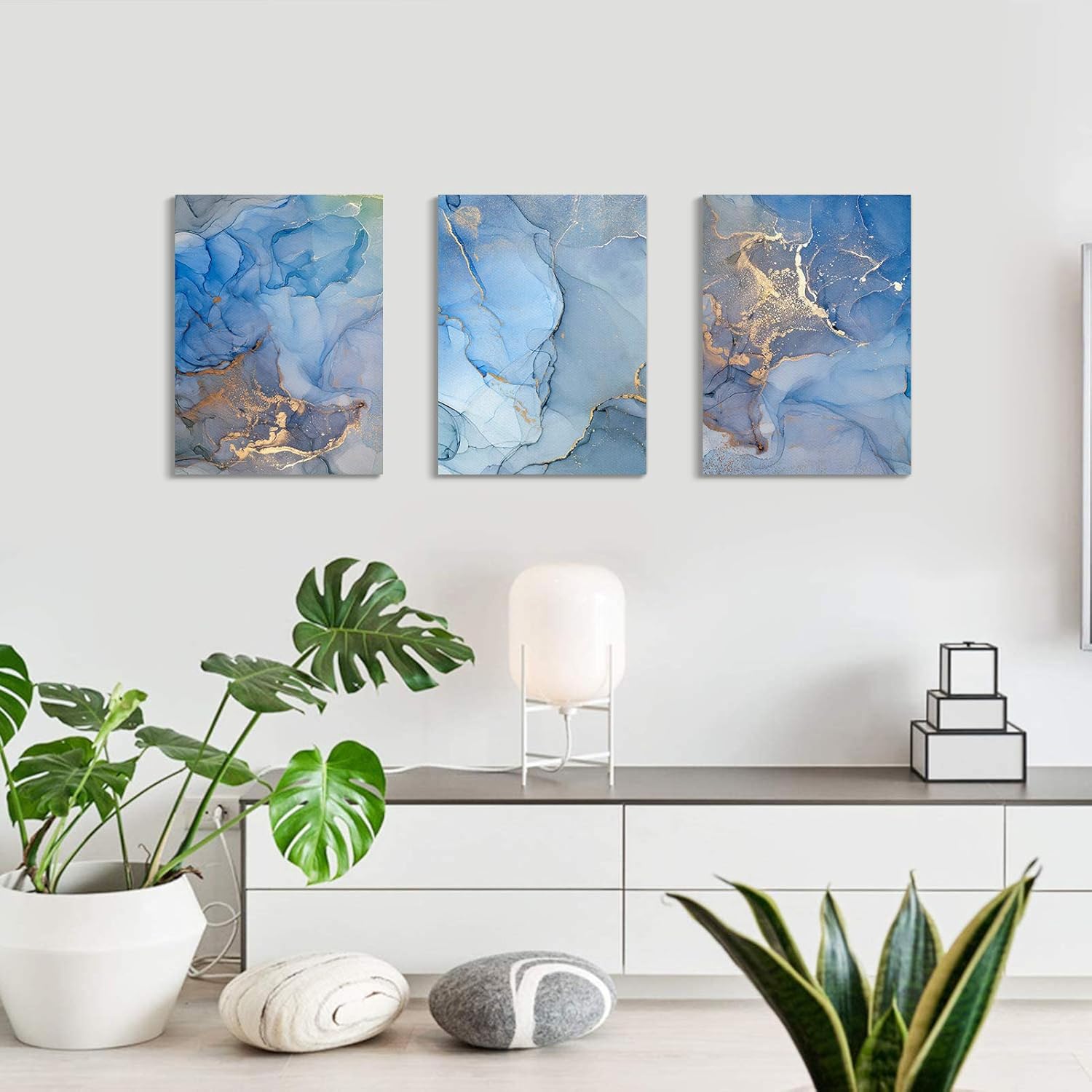 Emvency Canvas Wall Art for Bedroom Living Room, Blue Abstract Watercolor Painting Canvas Prints Artwork Wall Decor 12x16 inch/piece, 3 Pieces Modern Painting Ready to Hang Office Home Decorations