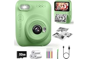 LETSHAHA Kids Instant Print Camera, 3.0-inch HD Screen 32MP Photo Instant Digital Camera Christmas Birthday Gifts Toys for Children Girls Boys Age 3-12 - Green