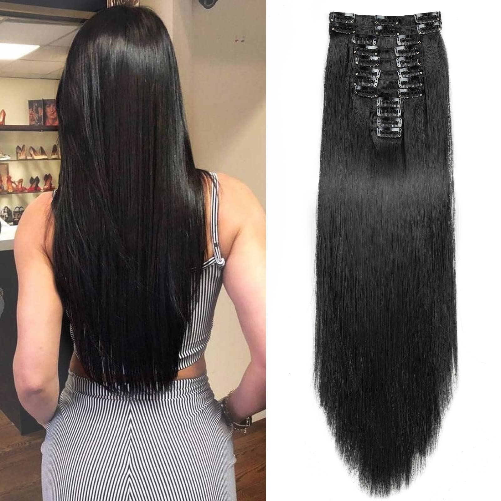22 Inch Long Straight Clip in Hair Extensions 180 Grams 12PCS Clip in Synthetic Fiber Hair Extensions Natural Black Full Head Double Weft Hairpieces for Women — image 1