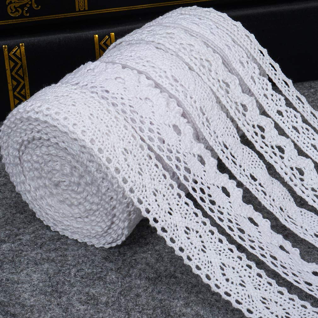 IDONGCAI White Lace Trims Cotton Lace Ribbon for Wedding Party Craft Lace for Junk Journals Gift Package 30 yards(5 Yards Each)