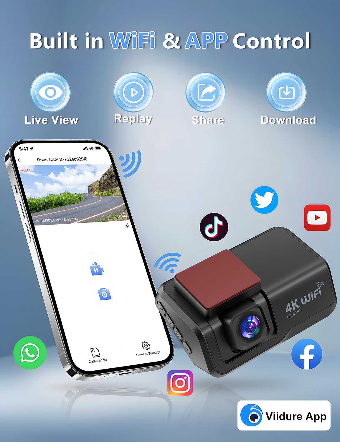 Dash Cam Front and Rear Camera, 4k+1080P WiFi Dual Dash Cam with APP, 3’’ IPS Dash Camera for Cars with Free 64GB Card, Otovoda Dashboard Camera with Night Vision, 24/7 Parking Monitor, WDR