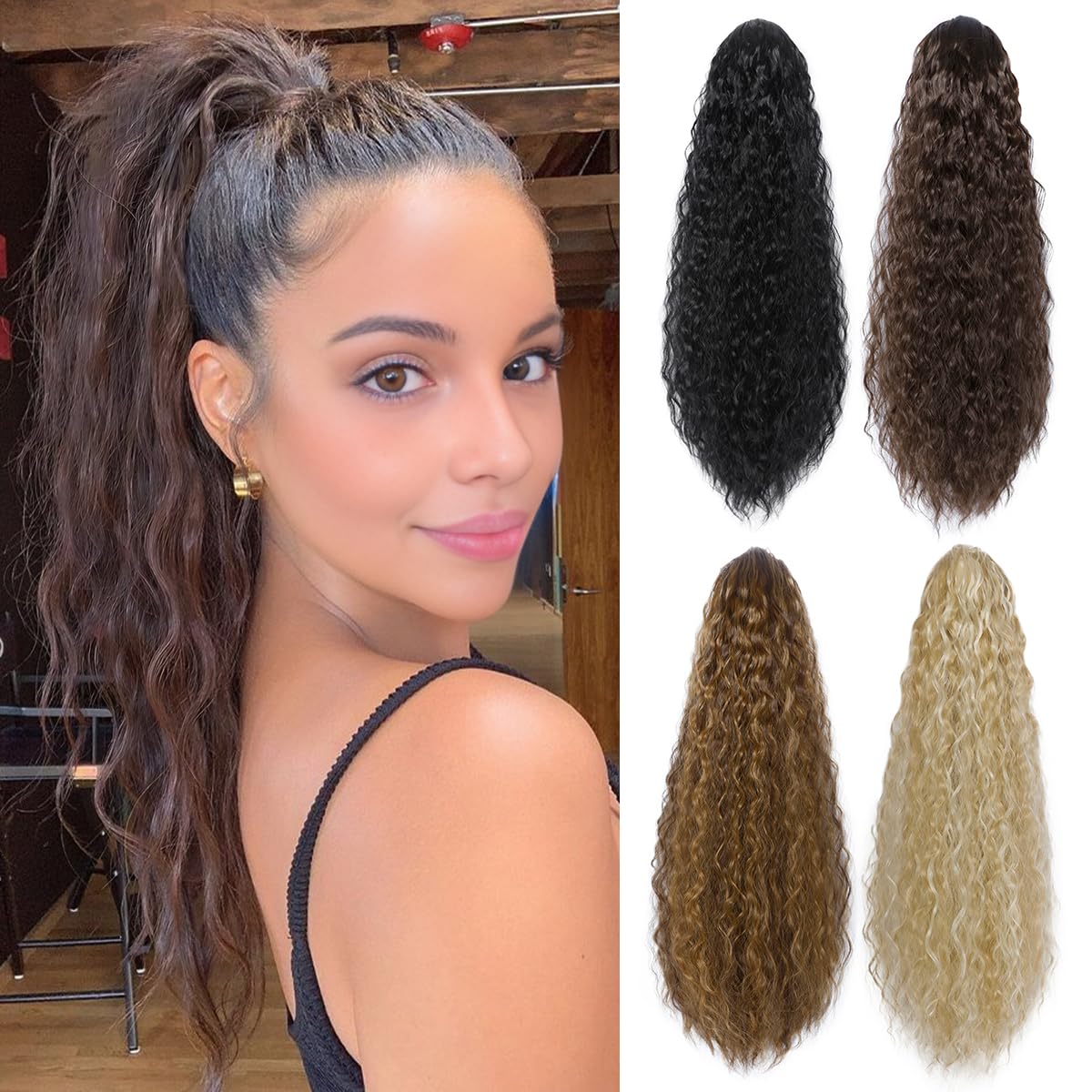 YAMEL Drawstring Ponytail Extension for Women Saddle Brown Mix Camel Brown Synthetic 22 Inch Long Wavy Clip in Ponytail Hair Extensions