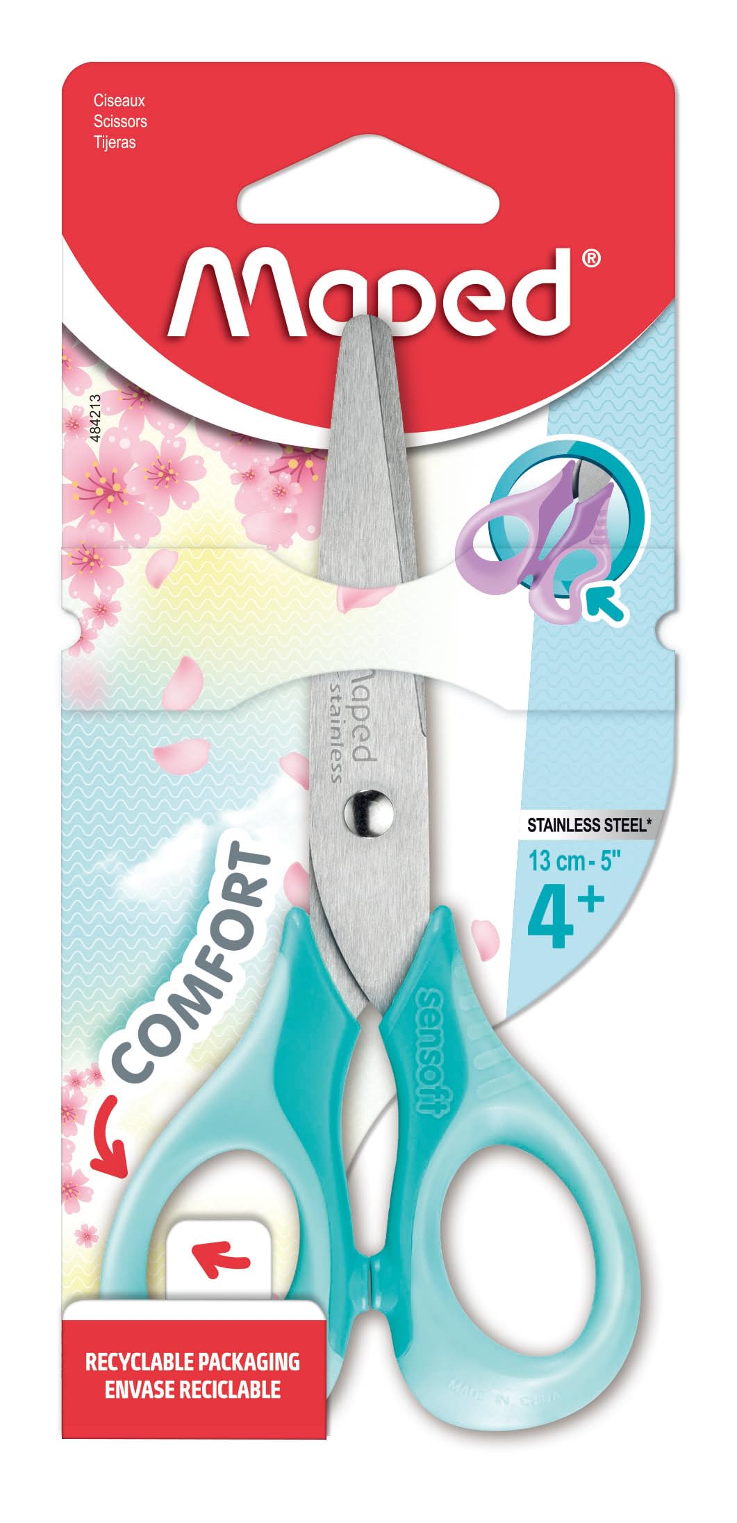 Maped - School and Craft Scissors Sensoft Pastel 13 cm, Rounded tip, Flexible and Ergonomic Handles - Lilac, Assorted