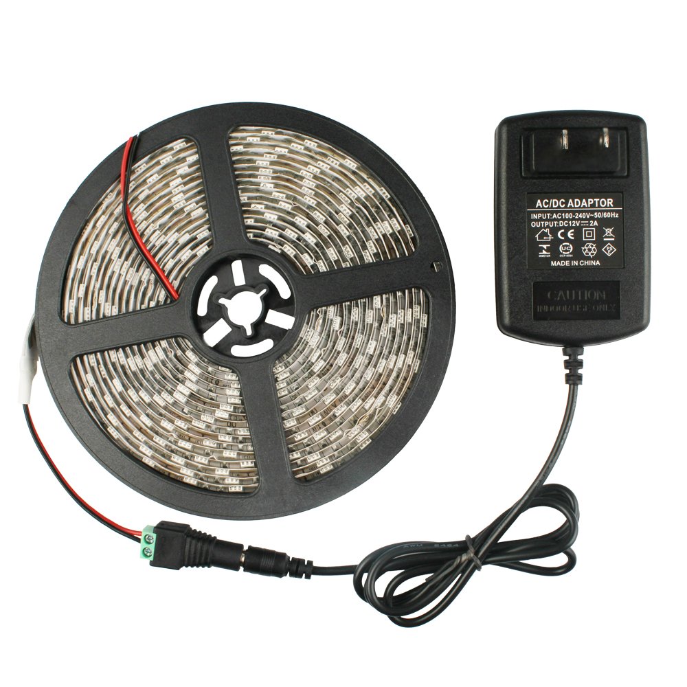 GALYGG Warm White SMD 5050 Waterproof LED Strip Lights with DC 12V 2A Power Adapter,16.4ft/5m 300 Units,Tape Light for Garden,Home,Kitchen,Car,Bar Lighting