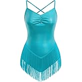 Women Sexy Metallic Fringe Bodysuit Criss Cross Back Sparkly Latin Trapeze Artist Tassel Costume Circus Rave Outfits