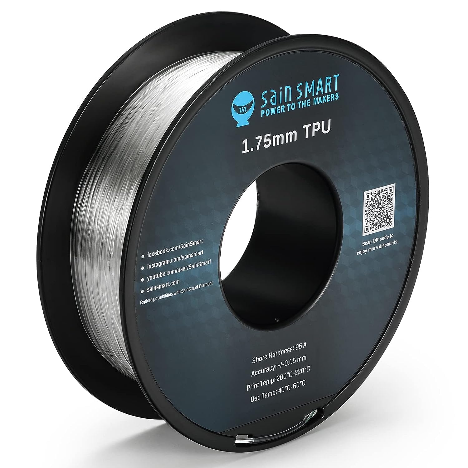 SainSmart 101-90-165 Clear Flexible TPU 3D Printing Filament, 1.75 mm, 0.8 kg, Dimensional Accuracy +/- 0.05 mm