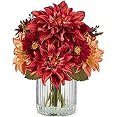 Briful Fake Fall Flowers with Vase, Artificial Fall Dahlia & Mum Silk Floral Arrangement with Glass Vase Faux Autumn Flowers Bouquet for Home Office Room Coffee Table Centerpiece Wedding Decoration