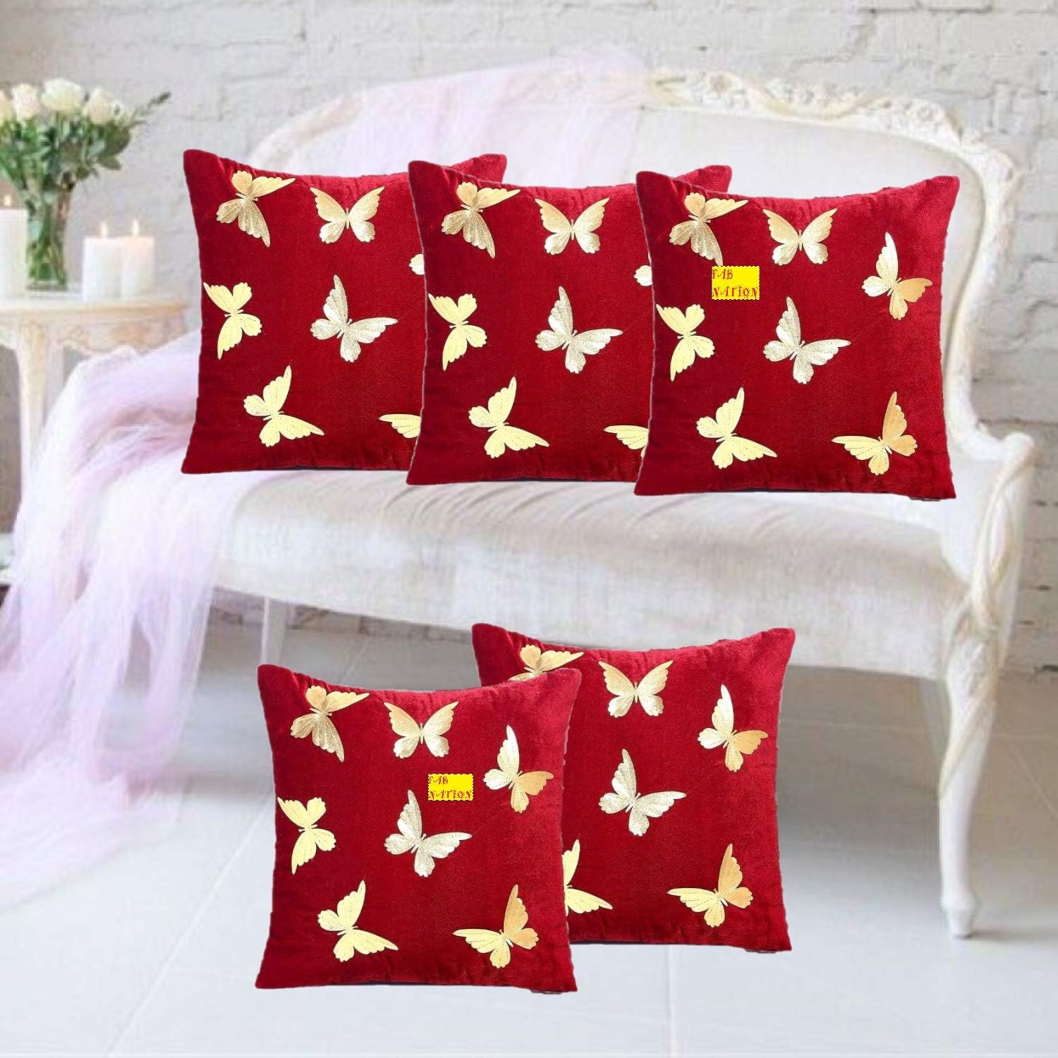 Amazon Great Indian Festival Sale-Fab Nation Cushion Covers 16 inch x 16 inch Set of 5 for Festive Home Decor, Floral Cotton Square Sofa Pillow Inserts 16 inch for Living Room Sofa Chair (Maroon,Gold)