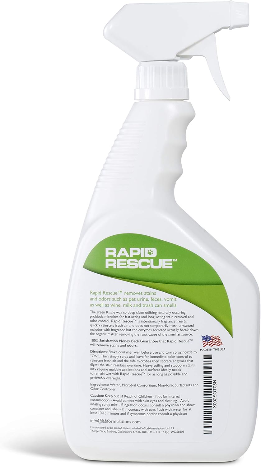 Rapid Rescue | Pet Odor Eliminator Urine Smell Remover | Natural Microbe Enzymatic Green Solution Fast-Acting on Cat & Dog Stains on Carpets, Wood Floors, Cars, Rugs (1pk): Health & Personal Care