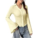 Floerns Women's Button Down Shirts Lettuce Trim Collar V Neck Bell Sleeve Blouses