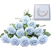 LVEFIT 12pcs Artificial Rose Flower Ice Blue Rose Flower with Long Stem Silk Roses Bouquet for Wedding Bridal Shower Party Home Decoration