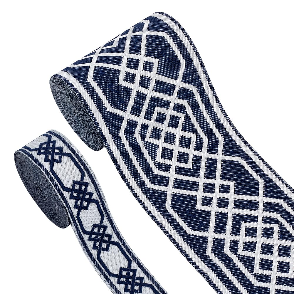 FINGERINSPIRE 10M Blue Polyester Vintage Jacquard Ribbon 28.5mm & 85mm Wide Classical Rhombus Embroidered Lace Trim for Decoration, Crafts, Gifts