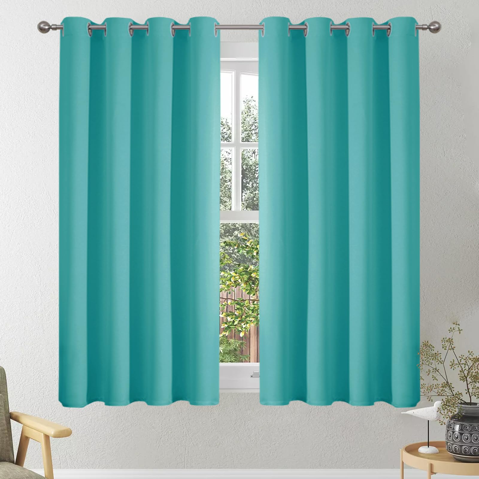 VEHEDE Blackout Bedroom Curtains 54 Inch Drop, Eyelet Thermal Insulated Short Curtain for Cafe, Soft Short Small Window Curtains, Living Room Curtain & Drapes, W46 x L54 Inch, Teal, 2 Panels