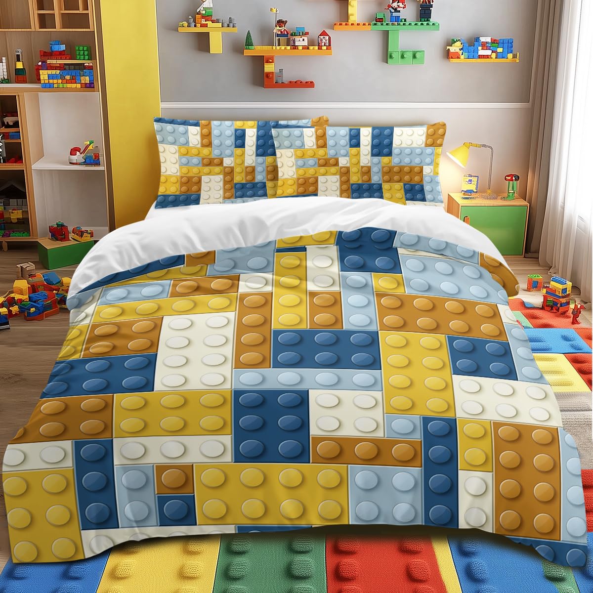 BlessLiving Boys Double Size Bedding Set Colorful Toy Duvet Cover Set 3 Piece Plastic Construction Blocks Pattern Comforter Cover Set Blue Yellow for Teens Kids Boys Girls (Double)