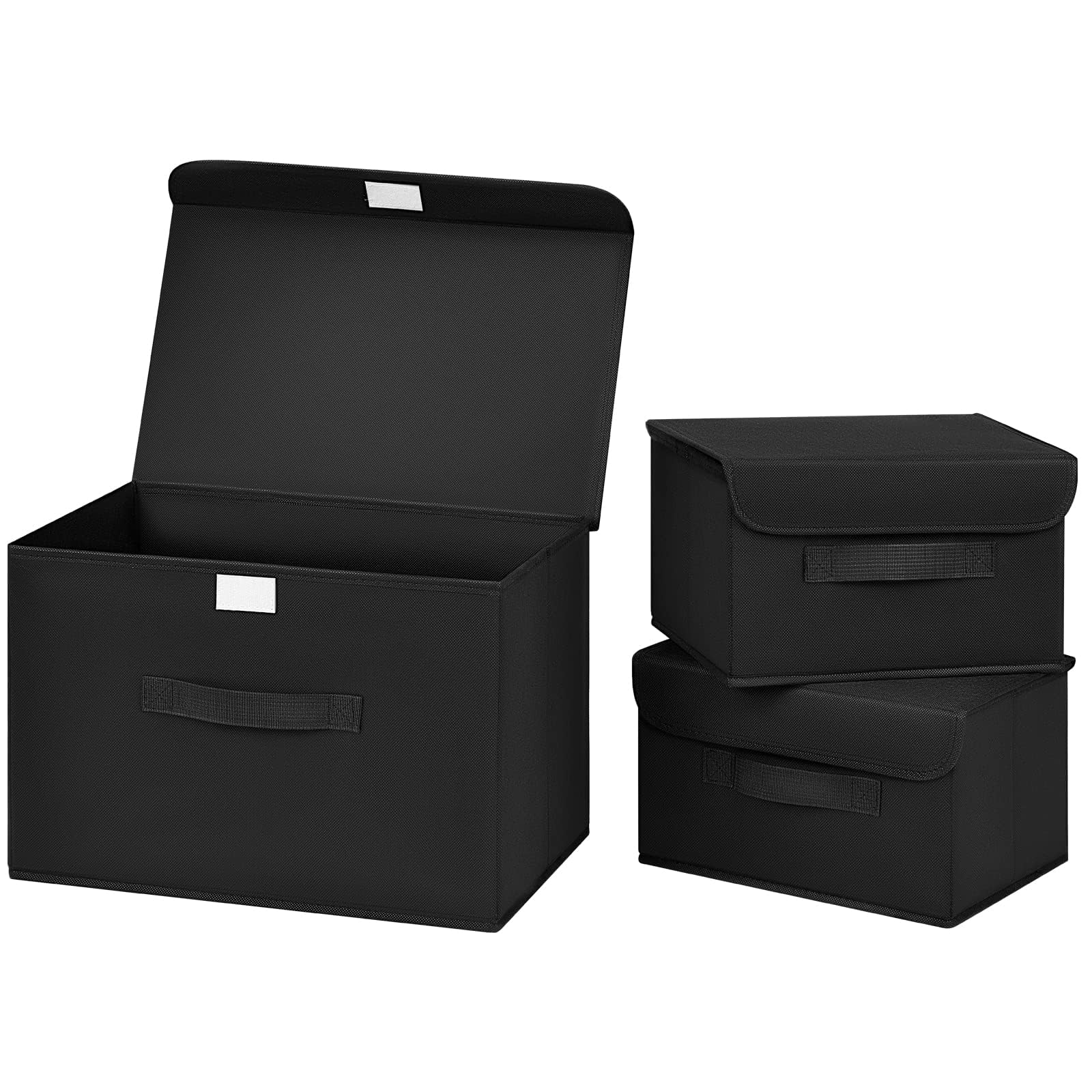 DIMJ 3 Pack Foldable Storage Boxes with Lids - Collapsible Storage Bin with Handle, Fabric Storage Basket Organiser Box for Wardrobe, Closet, Shelf, Office (Black)