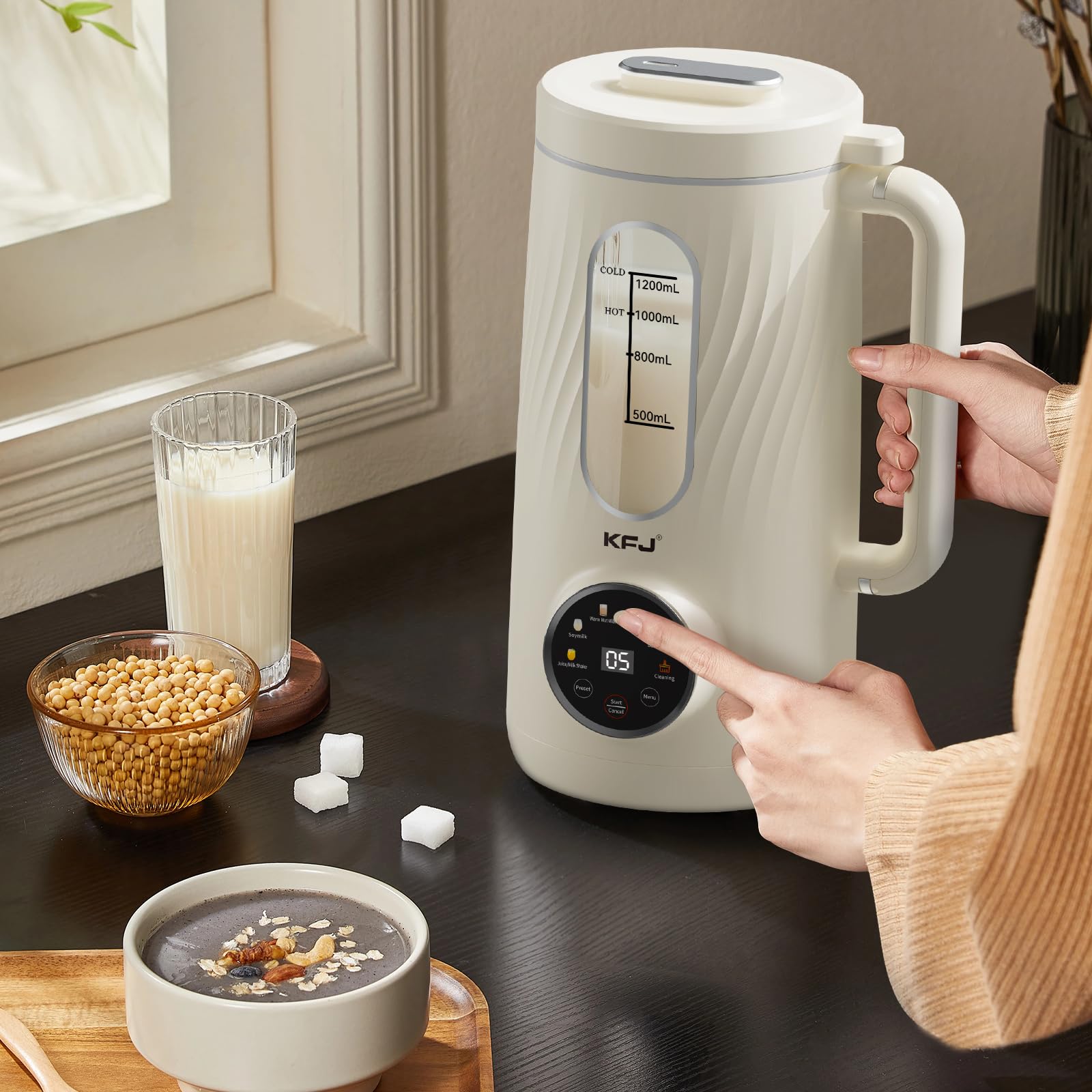 KFJ Máquina para hacer leche de nueces 8 en 1, 41 oz de coco casero, soja, avena, almendras, leches a base de plantas y bebidas no lácteas con inicio retardado/hervir agua/autolimpieza, color blanco