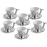 Alisveristime (Set of 6) Turkish Coffee Set with Porcelain Cups, Zamac Holders & Saucers – 80ml Capacity, Ottoman Motif, 4 Color Options (Silver)