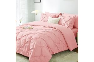 JOLLYVOGUE Pink Queen Comforter Set - Bed in A Bag Queen - 7 Pieces Comforters Queen Size, Pintuck Complete Bedding Sets Pinch Pleat with Comforter, Sheets，and Pillowcases & Shams