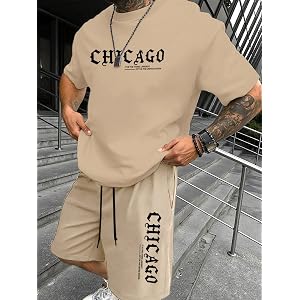 Men's Letter Print 2-Piece Outfit, Short Sleeve Crew Neck T-Shirt and Drawstring Shorts Casual Sport Summer Set
