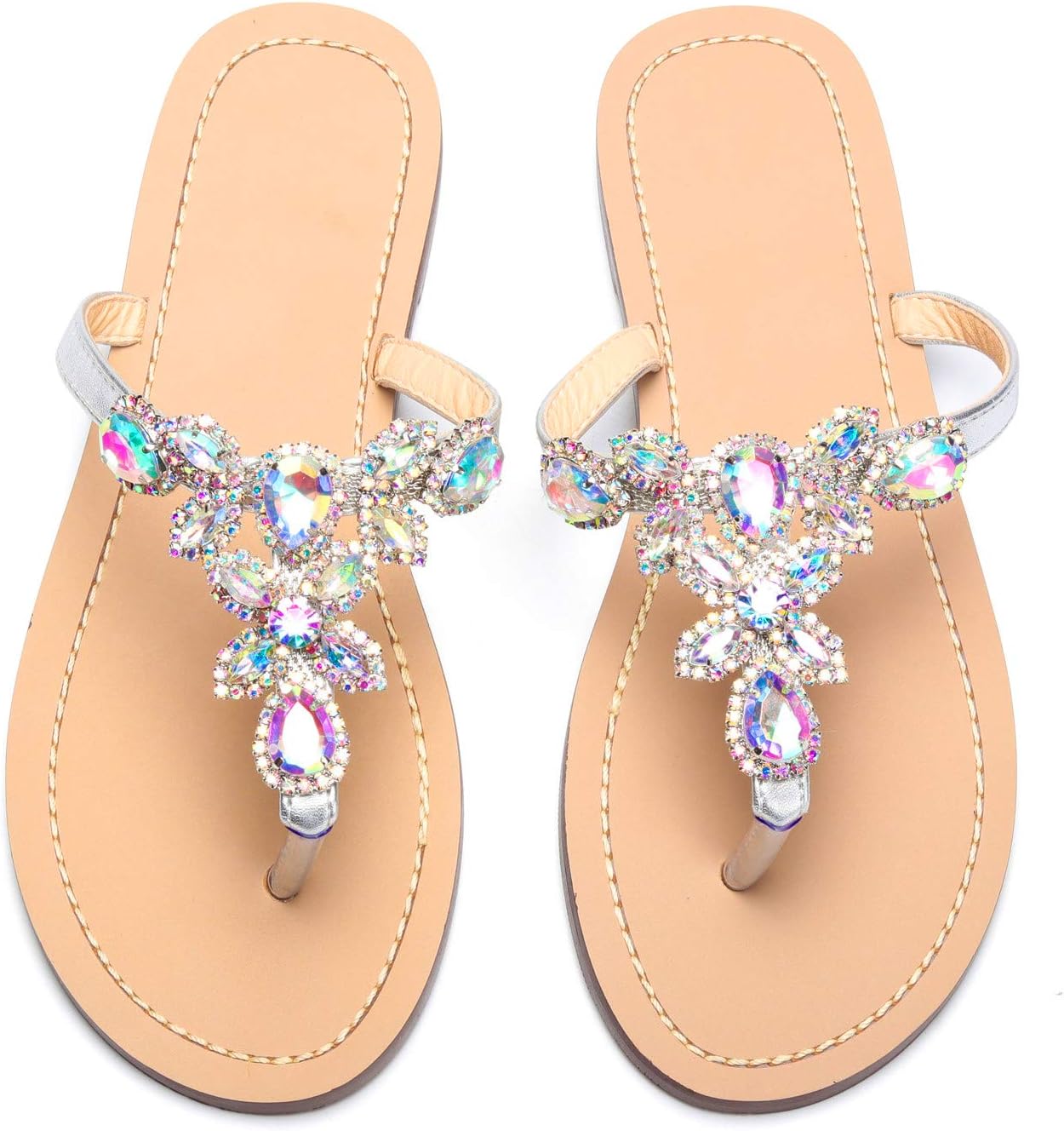 Women's Jeweled Hand Crafted Crystal Flip Flops Rhinestones Flats Sandals Y22