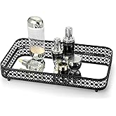 ELLDOO Black Perfume & Makeup Vanity Tray - Hollow-Carved Jewelry Storage, Glass & Metal Trinket Organizer for Dresser & Bathroom Countertop, Large Size