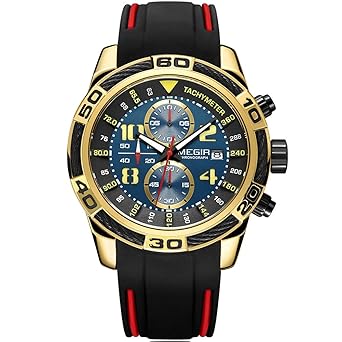 MEGIR Mens Sports Chronograph Quartz Watches Silicone Band Army Military Analog Wristwatch for Man 2045 Gold Blue
