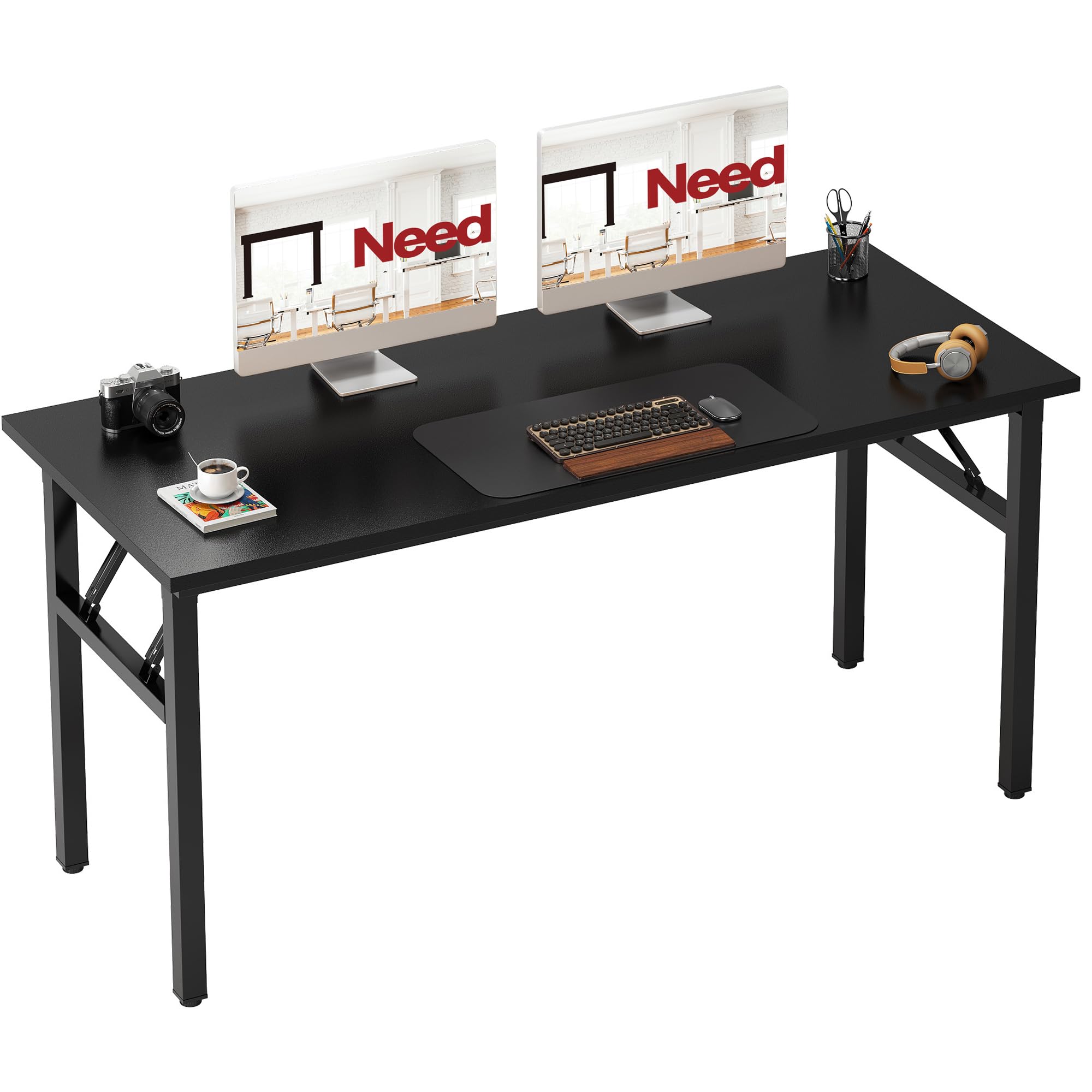Need Office Computer Desk - 54.3L Sturdy and Heavy Duty Folding Laptop Table, Writing Table Home Office Desk, No Assembly Required Black Image
