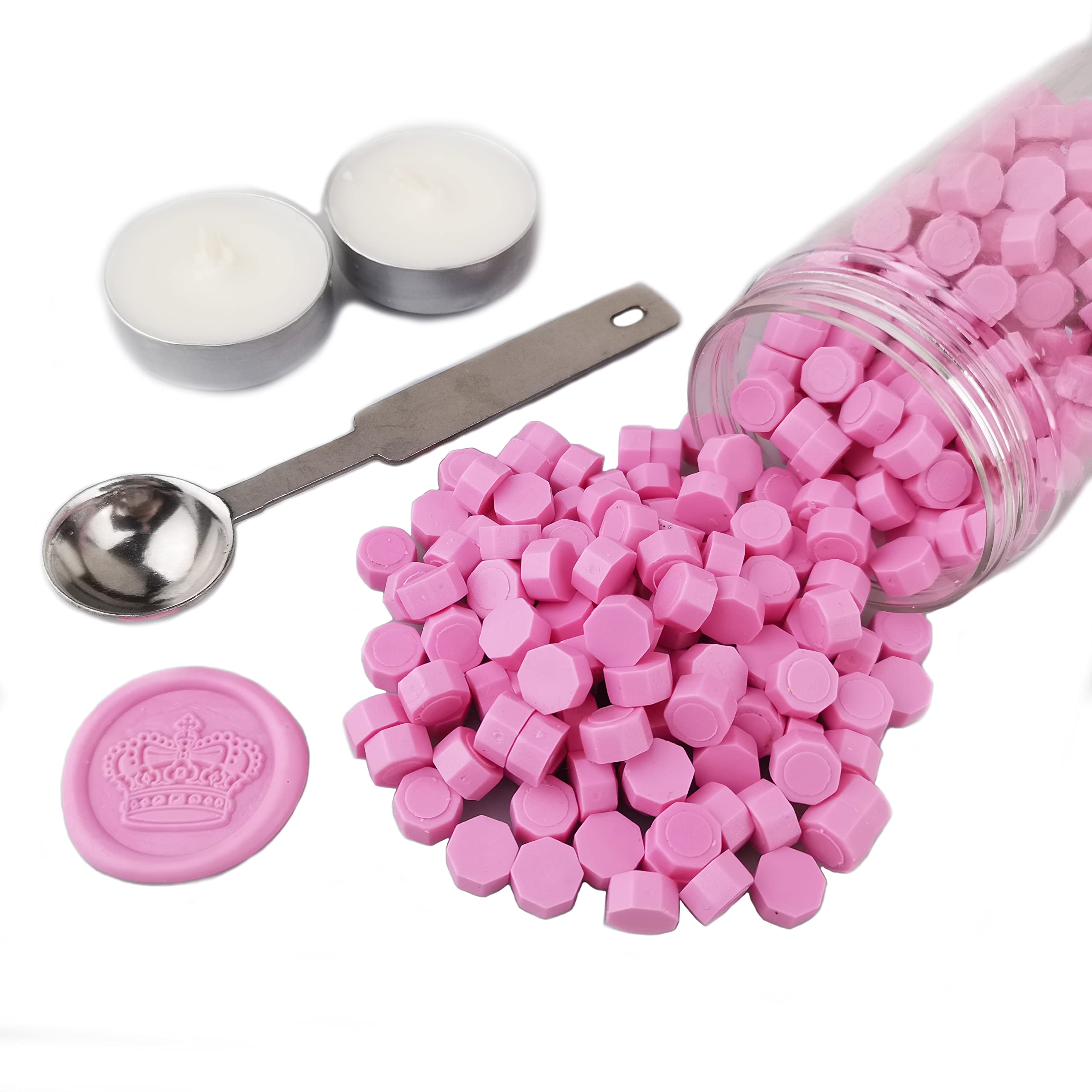 Sealing Wax Beads, AMTOL 300 Pcs Wax Sealing Beads with 2 Pcs White Candles and 1 Pcs Wax Melting Spoon, Great for Wedding Invitations,Cards Envelopes, Gift Wrapping (Pink)