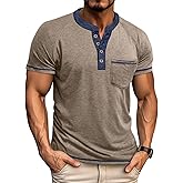 Mens Henley Shirts Short Sleeve Casual Button Basic T-Shirts Summer Classic Vintage Tee Shirts with Pocket