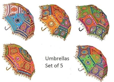 Sun Protection Rajasthani Ethnic Handmade Embroidery Work Umbrella Walking Stick for Indian or Event D