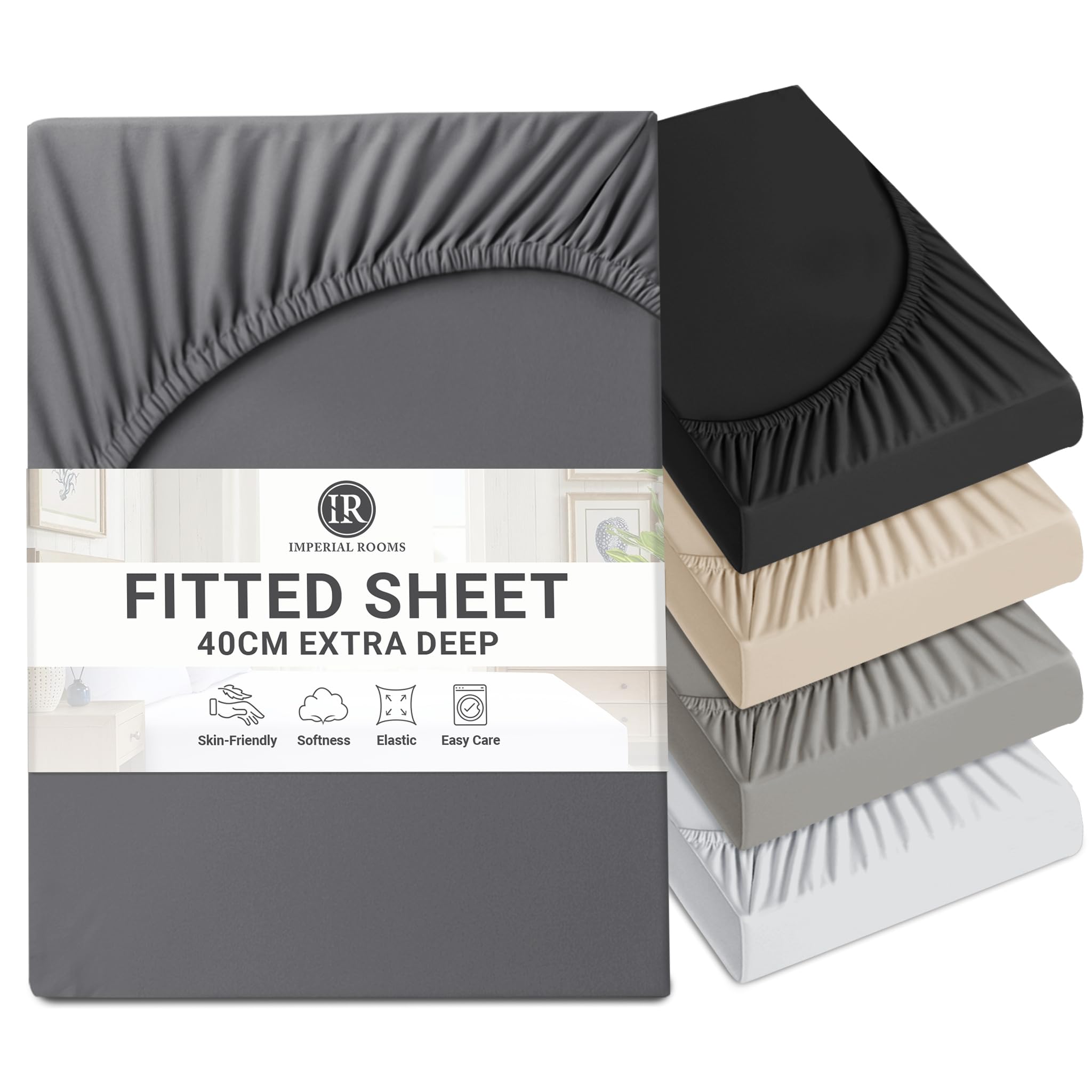 Imperial Rooms Fitted Sheets King Size - Extra Deep Bed Sheets 40cm Brushed Microfiber Easy Care Soft Fitted Bed Sheet - Shrinkage and Fade Resistant (Charcoal)