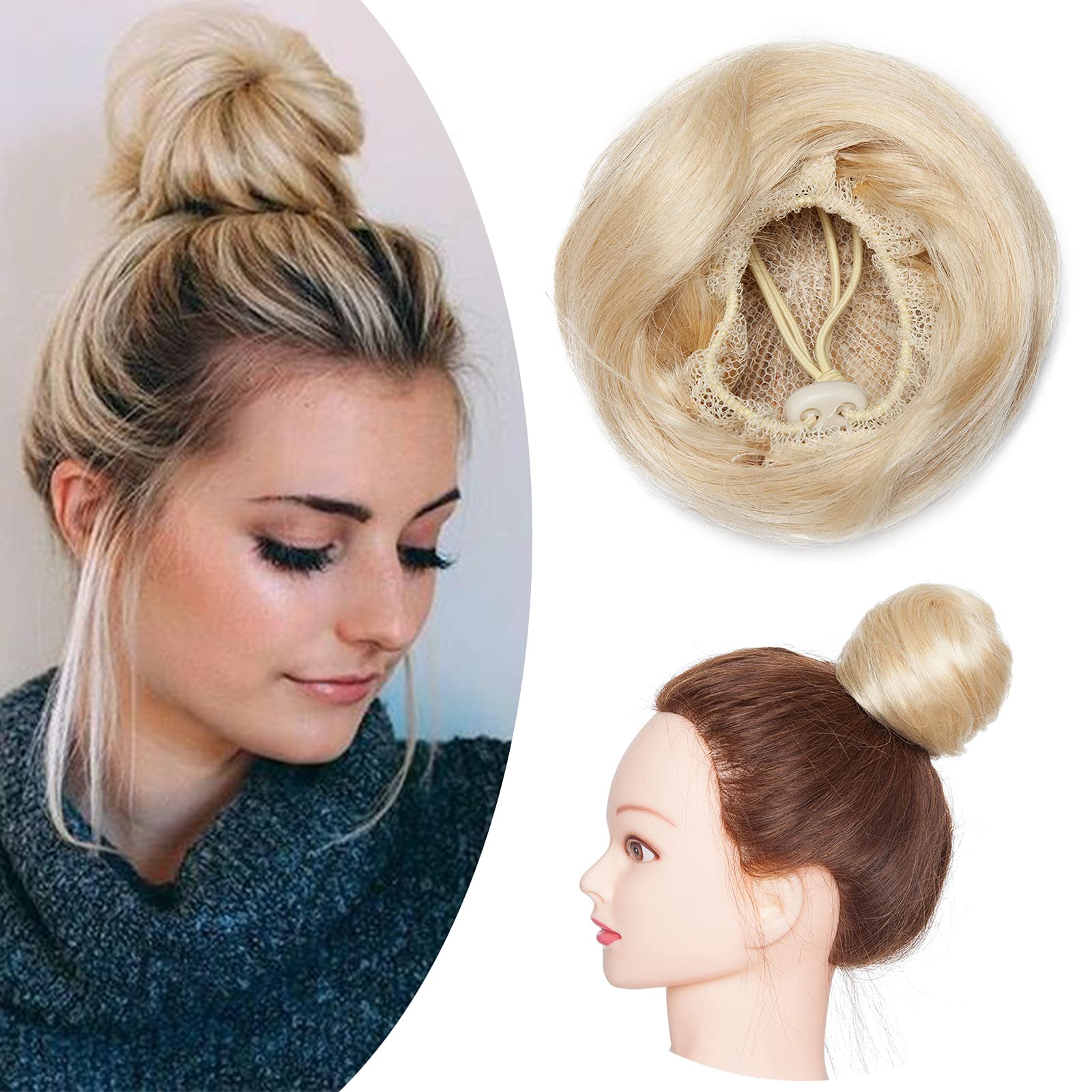 SEGO Human Hair Scrunchies Buns Updo Hair Pieces 100% Real Remy [#613 Bleach Blonde] One Piece Hair Extension Chignon for Women Drawstring Ponytail Straight (30g) — image 1