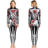 Skeleton Jumpsuit for Women - Skull Print Long Sleeve Halloween Costume - Tight Fit One Piece Outfit Clubwear