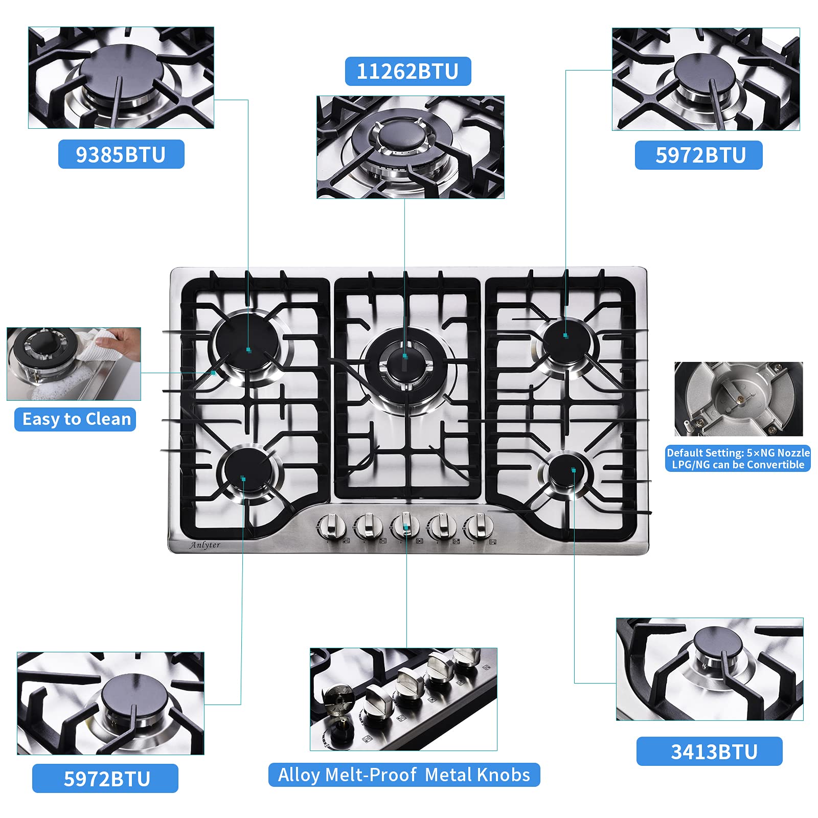 30 Inch Gas Cooktop, 5 Burners Built-in Gas Stovetop Stainless Steel LPG/NG Gas Stove Dual Fuel Sealed Gas Hob with Wok Stand and Pressure Regulator