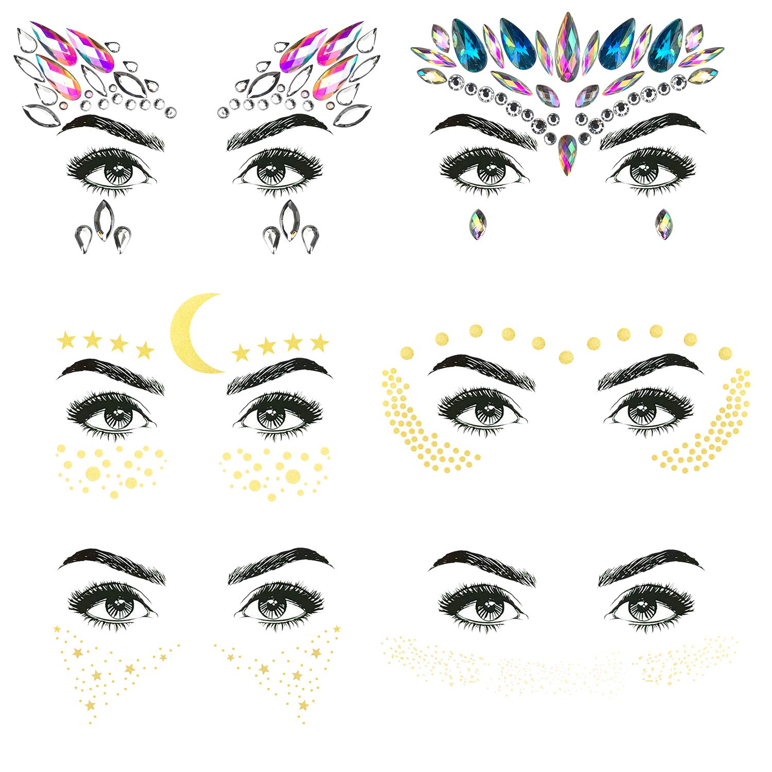 6 Sheets Metallic Temporary Tattoos Gold Jewelry Tattoo, Waterproof Flash Fake Tattoo Sticker Designs for Women Girls, Including 2 Sheets Face Jewels