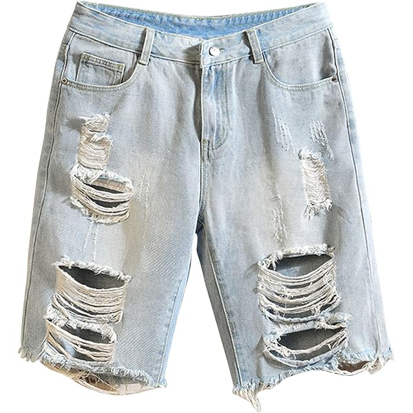 Men Loose Hole Denim Short Casual Destroyed Jeans Short-Pants