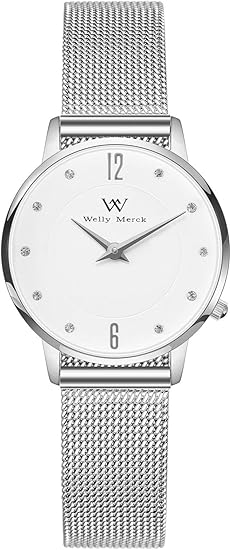 Amazon Wm Welly Merck レディース 時計 26mmホワイト文字盤 スイス製クォーツ 生活防水 シルバー レディース腕時計 腕時計 通販