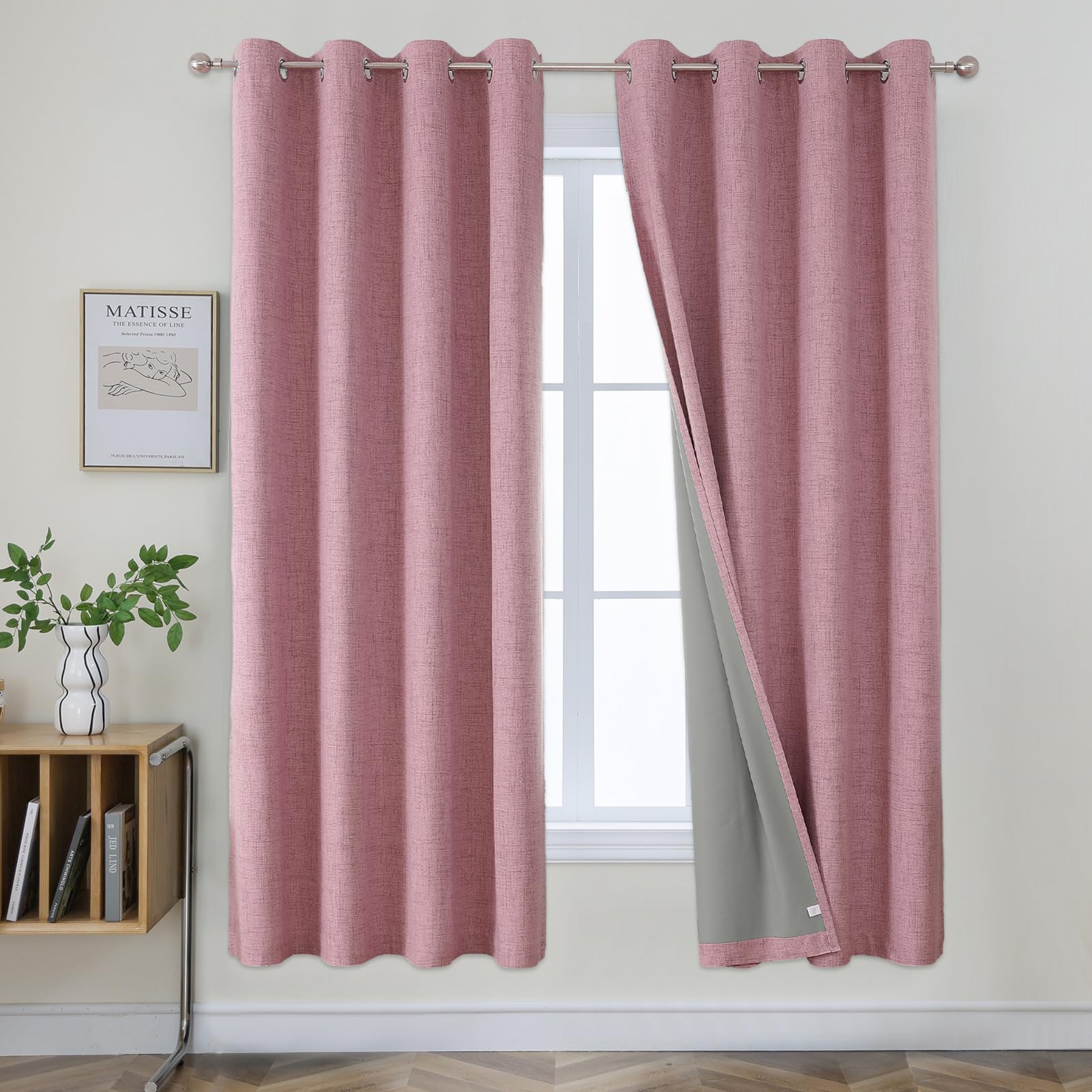 Joydeco 100% Blackout Lined Curtains Bedroom W55 x L69 Inch Drop, Faux Linen Textured Thermal Insulated Eyelet Pink Curtains with Coating Back Layer for Girls Living Room Bedroom - 2 Panels