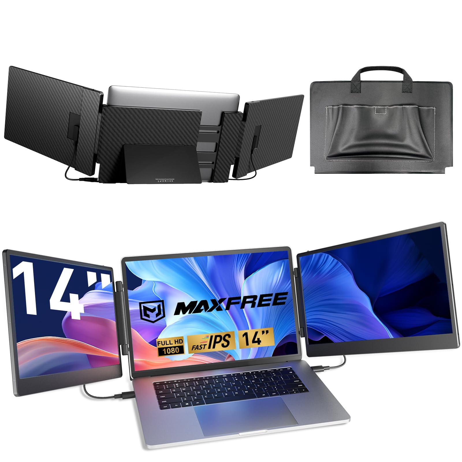 Photo 1 of Maxfree Laptop Screen Extender, 14" FHD 1080P Triple Monitor for 13.3"-16.5" Laptop with Stand, HDMI/USB-C, Plug & Play, Built-in Speakers, Monitor Extender for Wins, MacOS, Android, Ps4/5, Phone