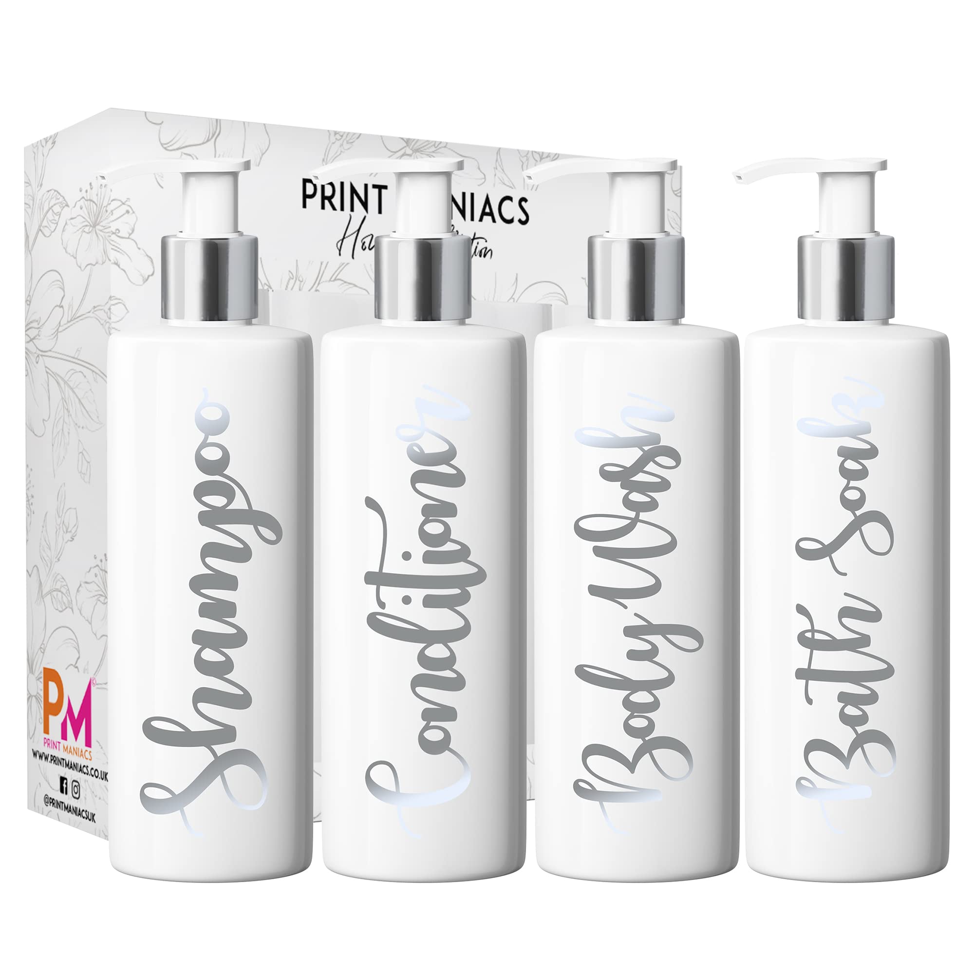 Print Maniacs White Mrs Hinch Inspired Personalised 500ml Pump Bottles Bathroom Lotion Kitchen Set Shampoo Conditioner (Shower Gel Set) (Matt Silver)