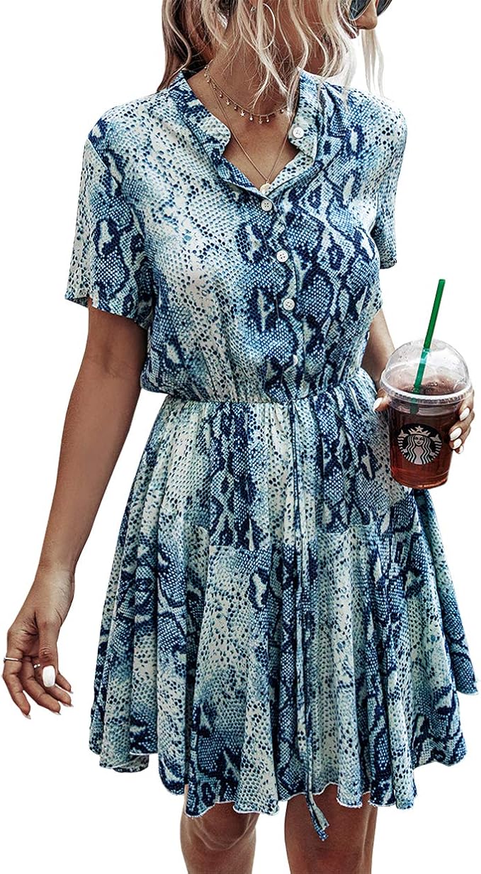 KIRUNDO 2020 Women’s Summer Plaid Stripes Snake Mini Dress Short Sleeves Button Down High Waist A Lined Dress with Belt