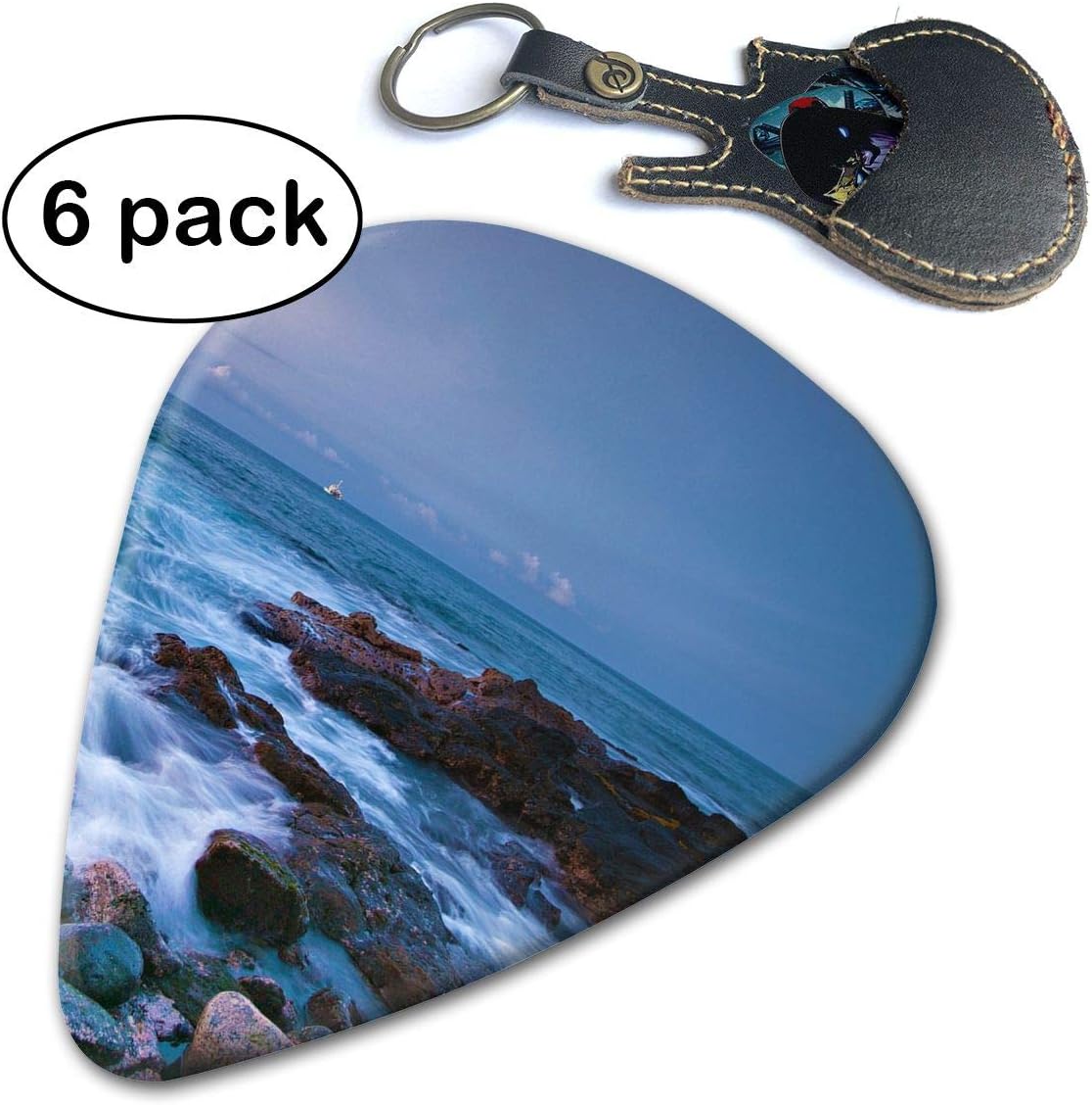 WB - Ocean Wave 351 Shape Classic Guitar Picks (6 Pack) For Electric Guitar, Acoustic Guitar, Mandolin, And Bass. Gift Leather Key Chain Pick Holder (0.46mm, 0.71mm, 0.96mm)